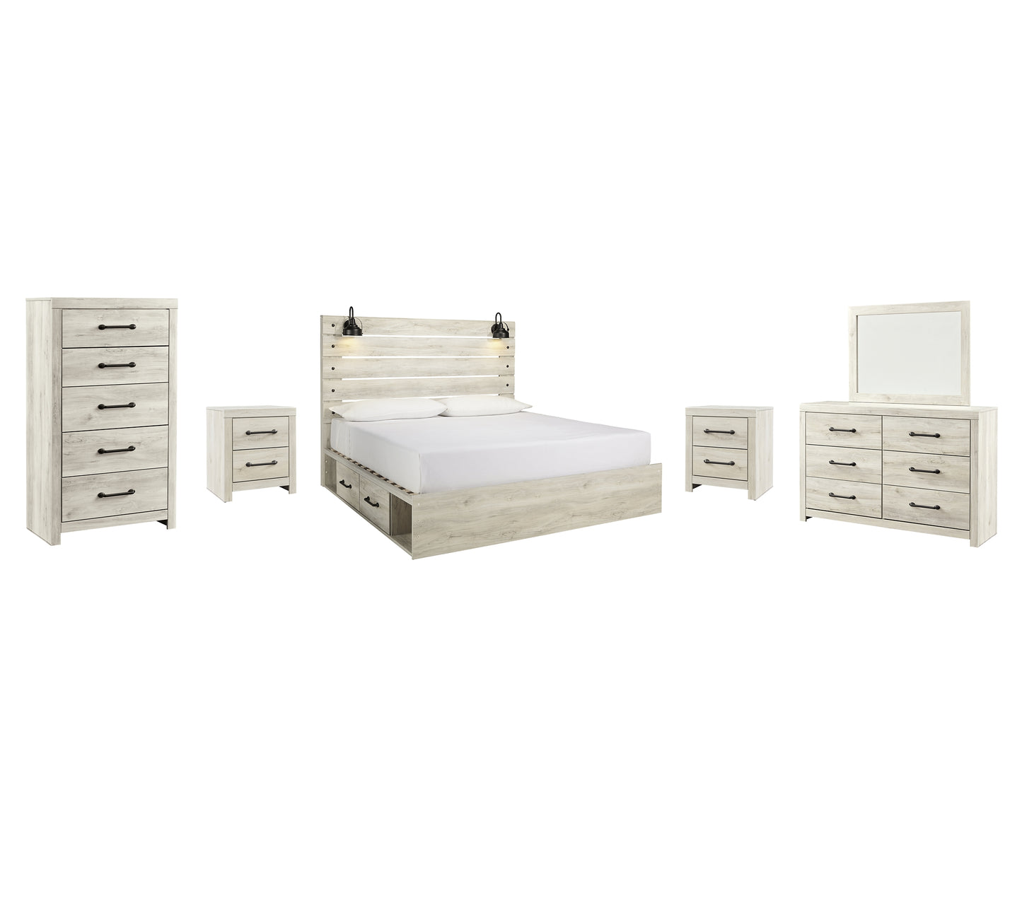 Cambeck Panel Bed With 2 Storage Drawers With Mirrored Dresser, Chest And 2 Nightstands