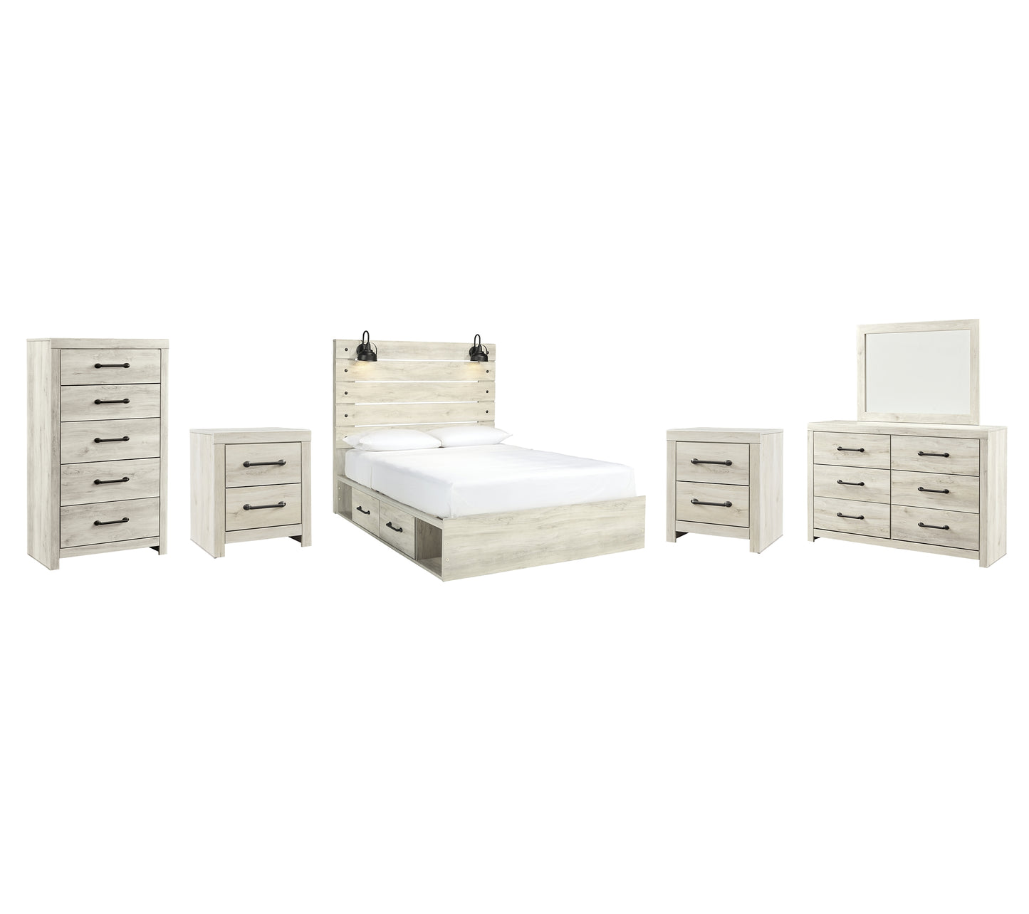 Cambeck Panel Bed With 2 Storage Drawers With Mirrored Dresser, Chest And 2 Nightstands