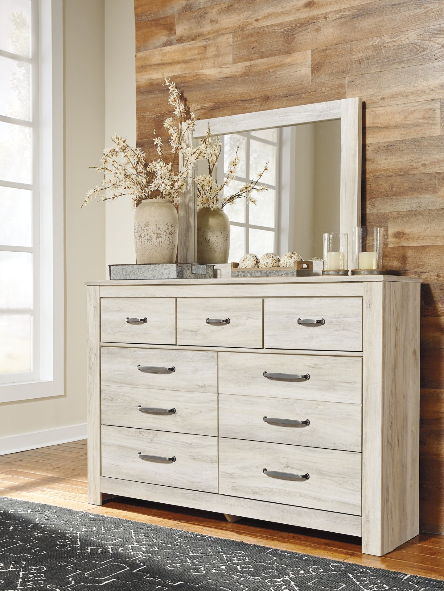 Bellaby Panel Headboard With Mirrored Dresser And 2 Nightstands