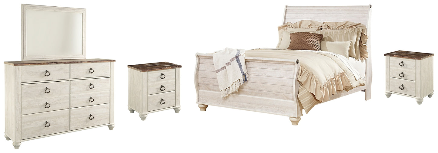 Willowton Sleigh Bed With Mirrored Dresser And 2 Nightstands