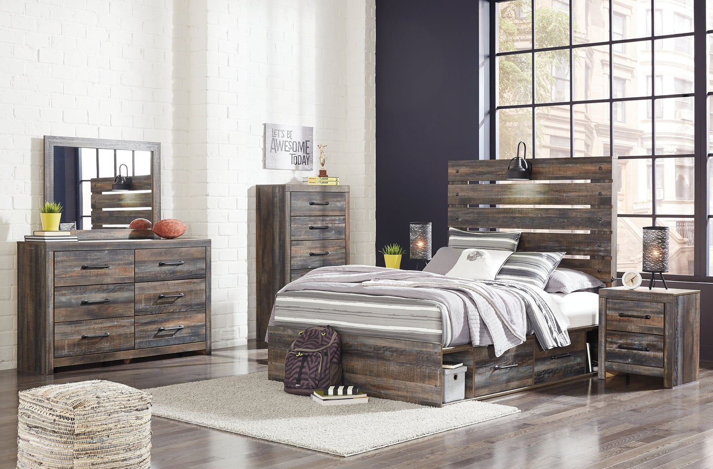 Drystan Panel Bed With 2 Storage Drawers With Mirrored Dresser, Chest And Nightstand