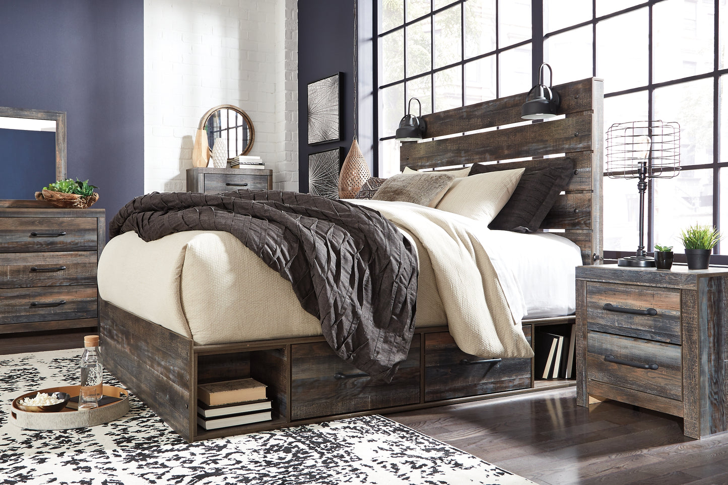 Drystan Panel Bed With 2 Storage Drawers With Mirrored Dresser, Chest And Nightstand