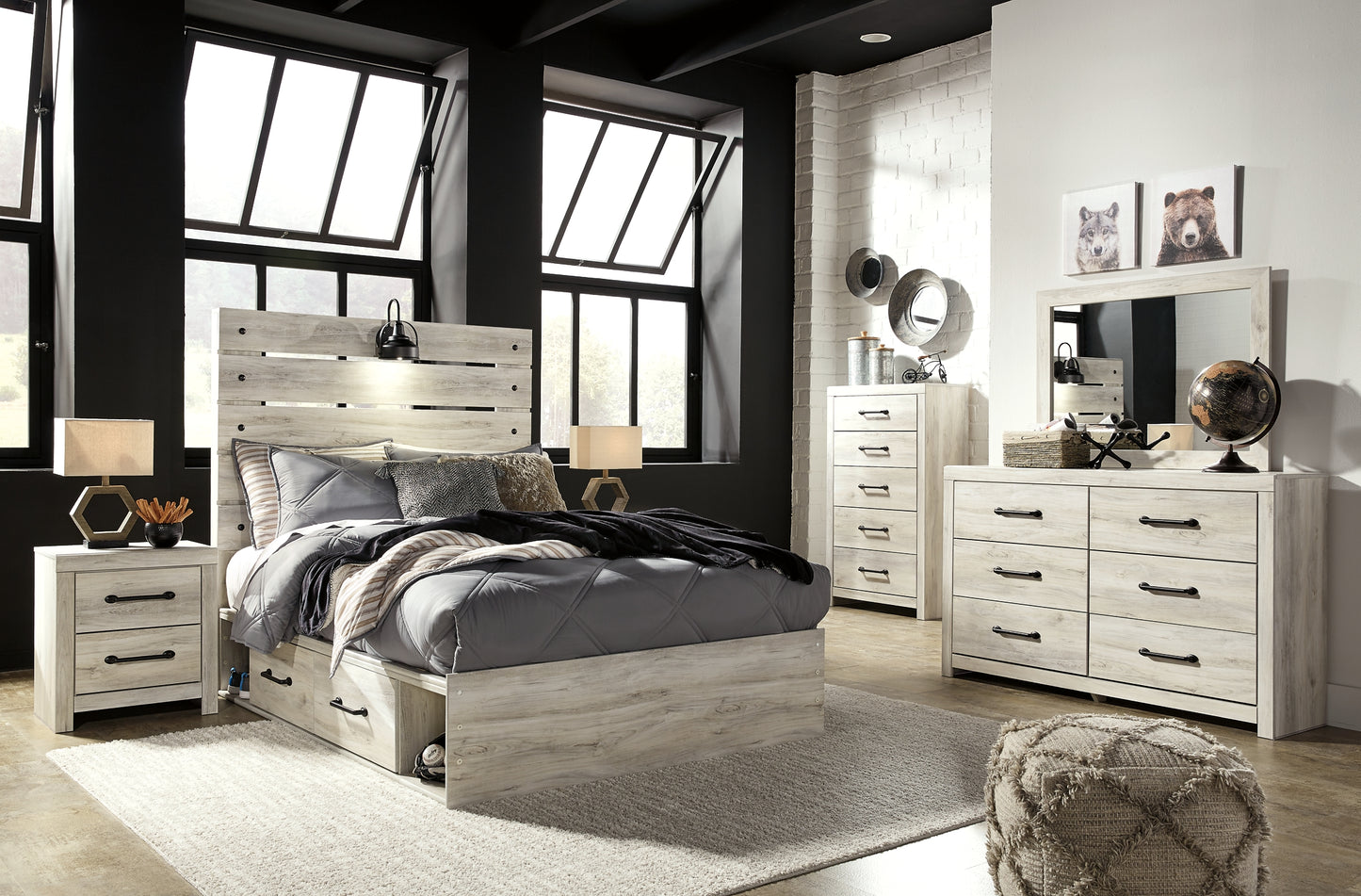 Cambeck Panel Bed With 2 Storage Drawers With Mirrored Dresser, Chest And 2 Nightstands