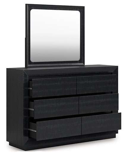 Londer California King Panel Bed with Mirrored Dresser and Chest