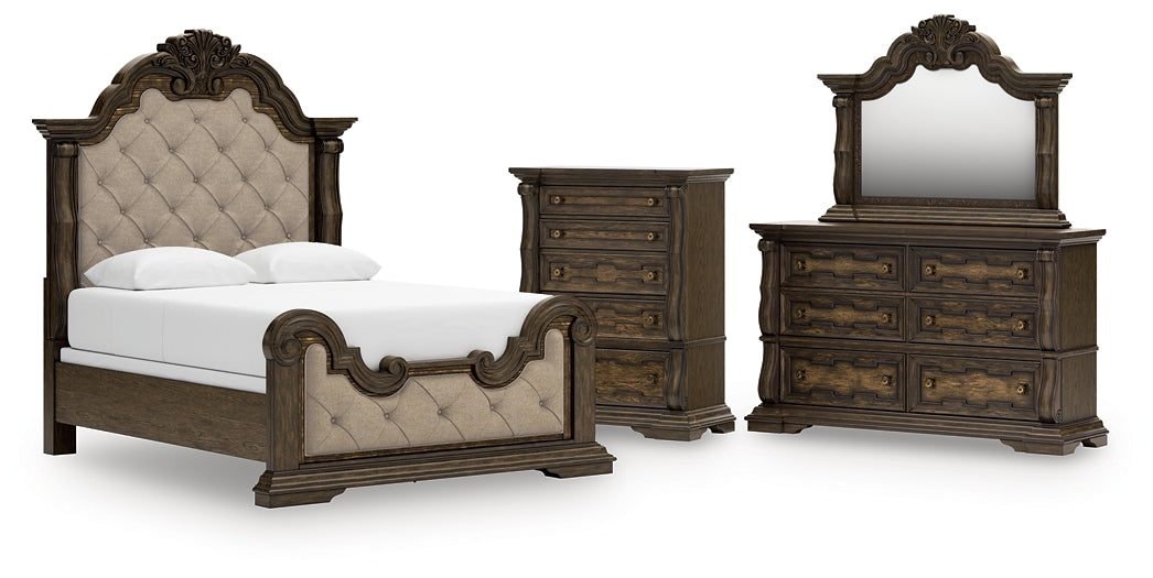 Maylee Queen Upholstered Bed with Mirrored Dresser and Chest