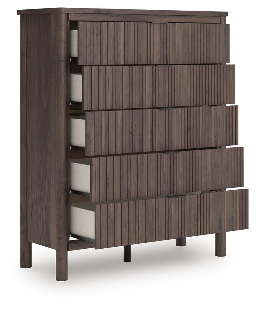 Pamytta King Upholstered Panel Bed, Dresser, Mirror, Chest and Nightstand